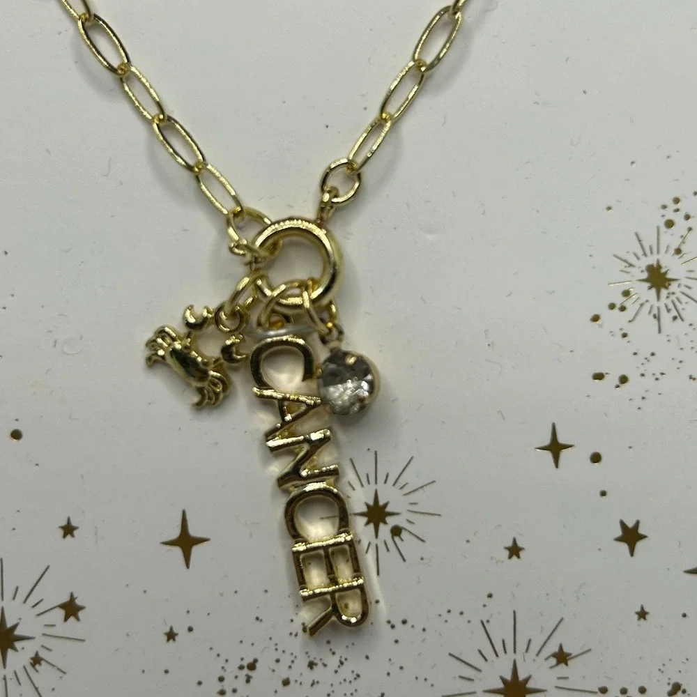 Zodiac Cancer Necklace‎ Goldtone Paperclip Link Chain Astrology Charm Pendant